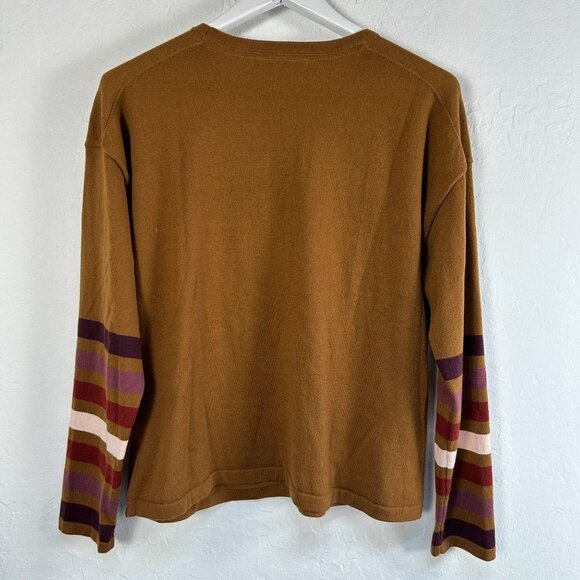 Title Nine Womens Striped Sleeve Crew Neck Top Large Brown Stretch Pocket Casual - Picture 2 of 7